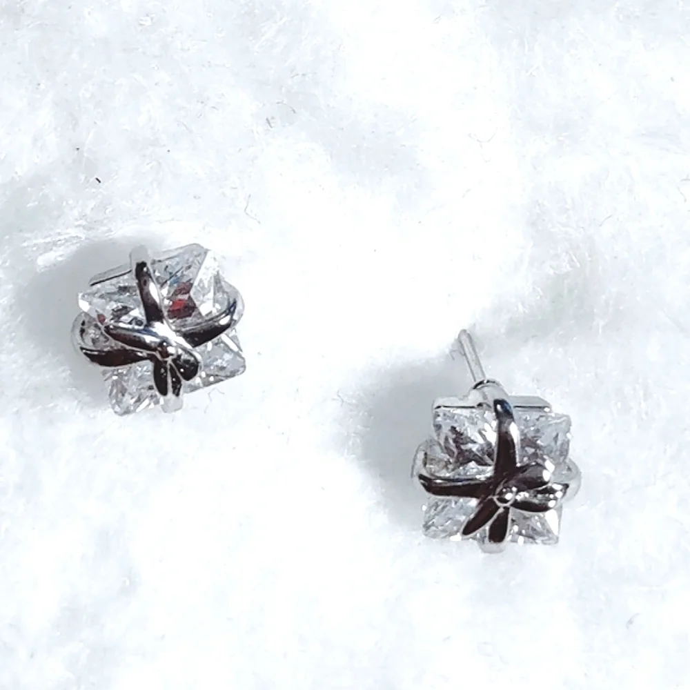 Petite White Sparkling Crystal Package w/ Bow Pierced Post Earrings